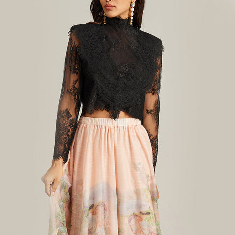 Floral Lace Long Sleeve Top ＆ High Waist Midi Skirt Set