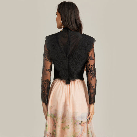 Floral Lace Long Sleeve Top ＆ High Waist Midi Skirt Set
