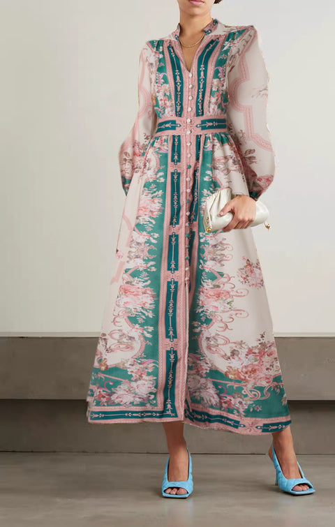 Floral Button Long Sleeve Mixi Dress