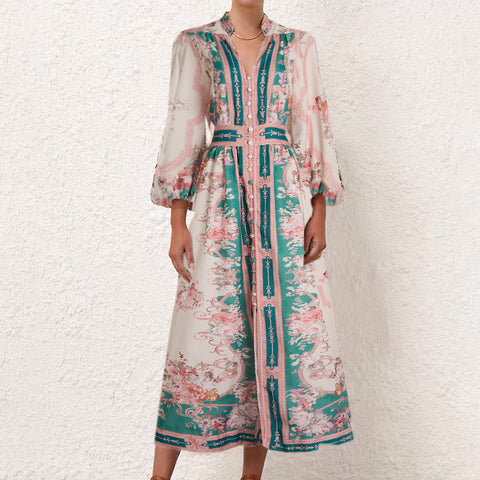 Floral Button Long Sleeve Mixi Dress