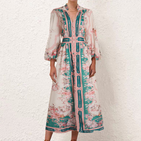 Floral Button Long Sleeve Mixi Dress