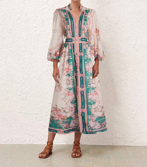 Floral Button Long Sleeve Mixi Dress