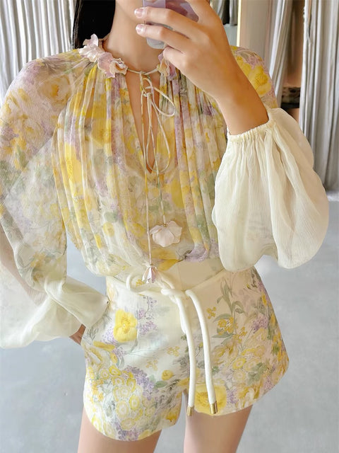Floral Chiffon Shirt + Strappy Wide-Leg Shorts Set