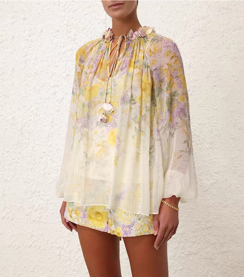 Floral Chiffon Shirt + Strappy Wide-Leg Shorts Set