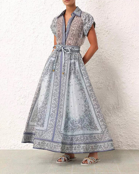 Floral V Collar Top ＆ High Waist Maxi Skirt Set 2 piece