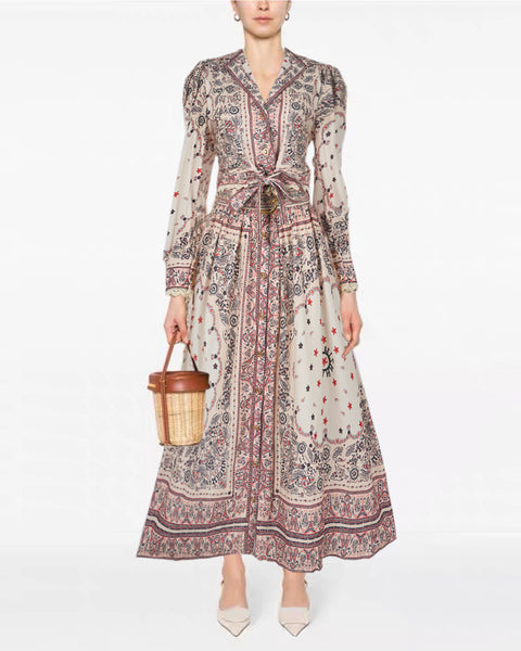 Print Long Sleeve Top ＆ High Waist Midi Skirt Set