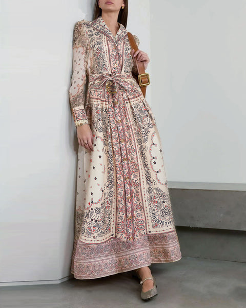 Print Long Sleeve Top ＆ High Waist Midi Skirt Set