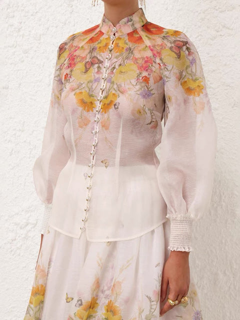 Floral Lace Long Sleeve Top ＆ High Waist Midi Skirt Set