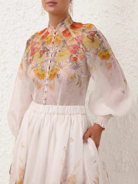 Floral Lace Long Sleeve Top ＆ High Waist Midi Skirt Set
