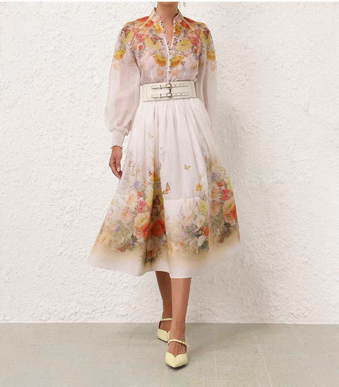 Floral Lace Long Sleeve Top ＆ High Waist Midi Skirt Set
