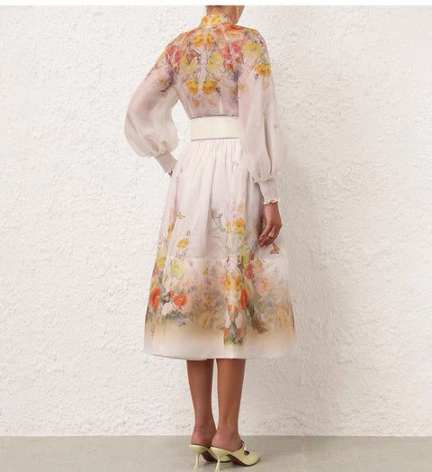 Floral Lace Long Sleeve Top ＆ High Waist Midi Skirt Set
