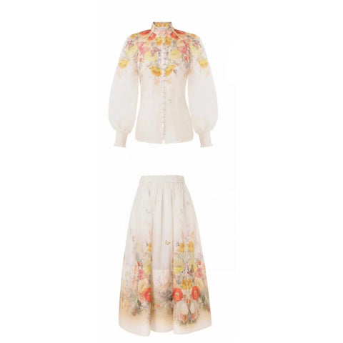 Floral Lace Long Sleeve Top ＆ High Waist Midi Skirt Set