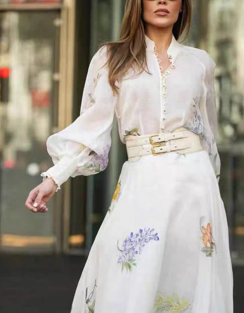 Floral Long Sleeve Top ＆ High Waist Midi Skirt Set 3 piece