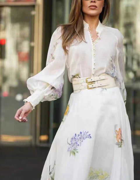 Floral Long Sleeve Top ＆ High Waist Midi Skirt Set 3 piece