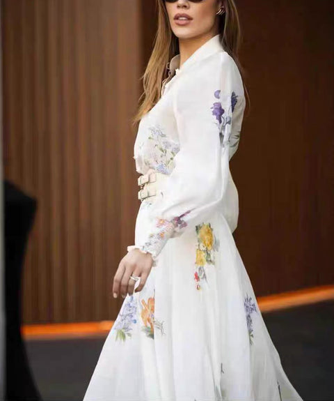 Floral Long Sleeve Top ＆ High Waist Midi Skirt Set 3 piece