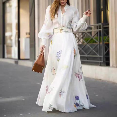 Floral Long Sleeve Top ＆ High Waist Midi Skirt Set 3 piece