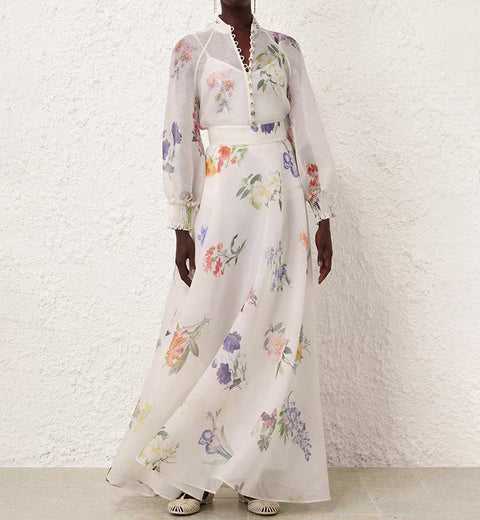 Floral Long Sleeve Top ＆ High Waist Midi Skirt Set 3 piece