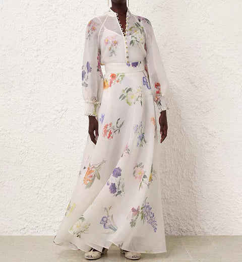 Floral Long Sleeve Top ＆ High Waist Midi Skirt Set 3 piece