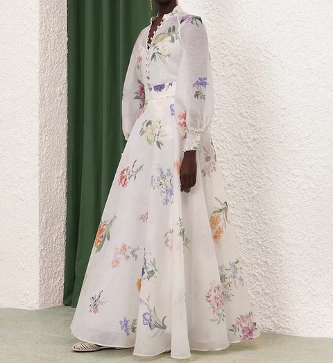 Floral Long Sleeve Top ＆ High Waist Midi Skirt Set 3 piece