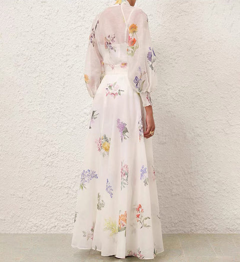 Floral Long Sleeve Top ＆ High Waist Midi Skirt Set 3 piece