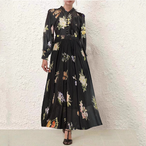Floral Long Sleeve Top ＆ High Waist Midi Skirt Set 3 piece