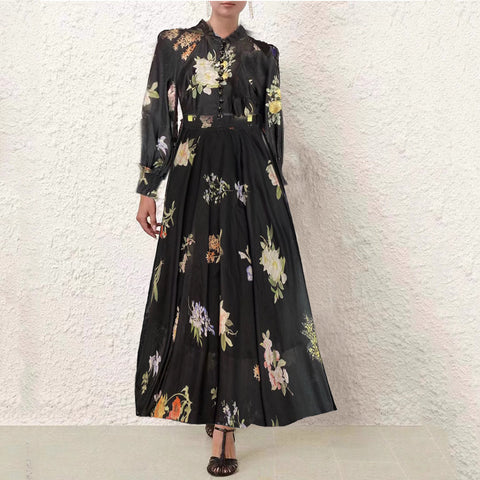 Floral Long Sleeve Top ＆ High Waist Midi Skirt Set 3 piece