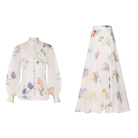 Floral Long Sleeve Top ＆ High Waist Midi Skirt Set 3 piece