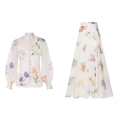 Floral Long Sleeve Top ＆ High Waist Midi Skirt Set 3 piece
