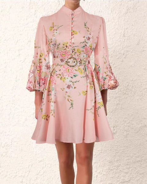 Print Stand-up collar lantern sleeves Dress