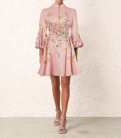 Print Stand-up collar lantern sleeves Dress