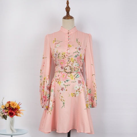 Print Stand-up collar lantern sleeves Dress