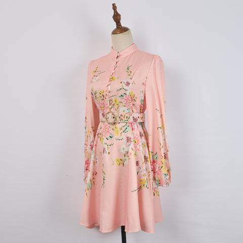 Print Stand-up collar lantern sleeves Dress