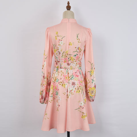 Print Stand-up collar lantern sleeves Dress
