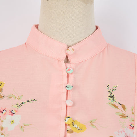 Print Stand-up collar lantern sleeves Dress