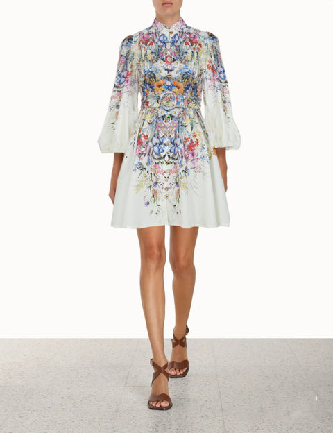 Printed Long-Sleeved Mini Dress With Belt