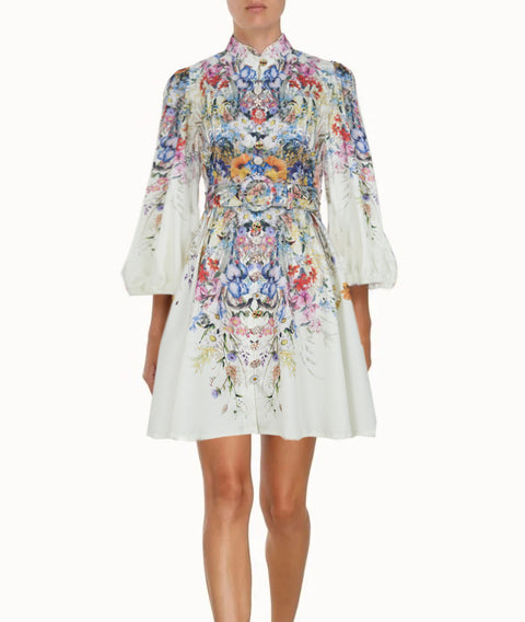 Printed Long-Sleeved Mini Dress With Belt