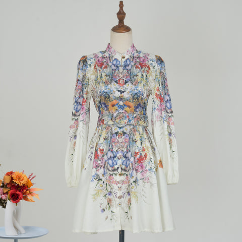 Printed Long-Sleeved Mini Dress With Belt