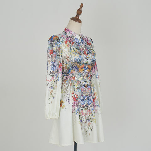 Printed Long-Sleeved Mini Dress With Belt