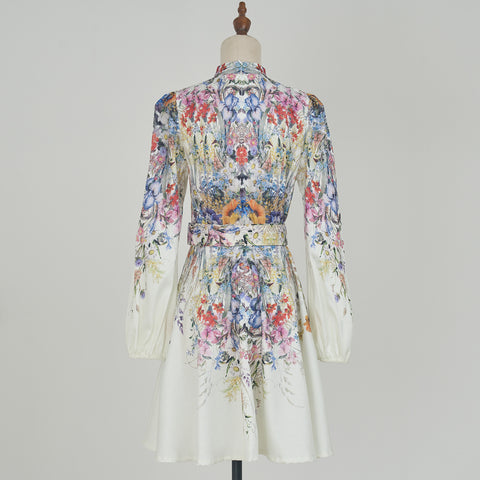 Printed Long-Sleeved Mini Dress With Belt