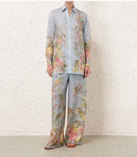 Printed Top + Wide-Leg Pants 2 Pieces Set
