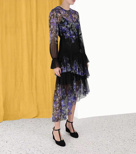Chiffon Printed Irregular Dress + Suspenders