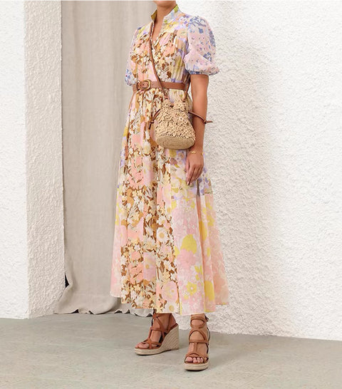 Floral Button Short Sleeve Maix Dress