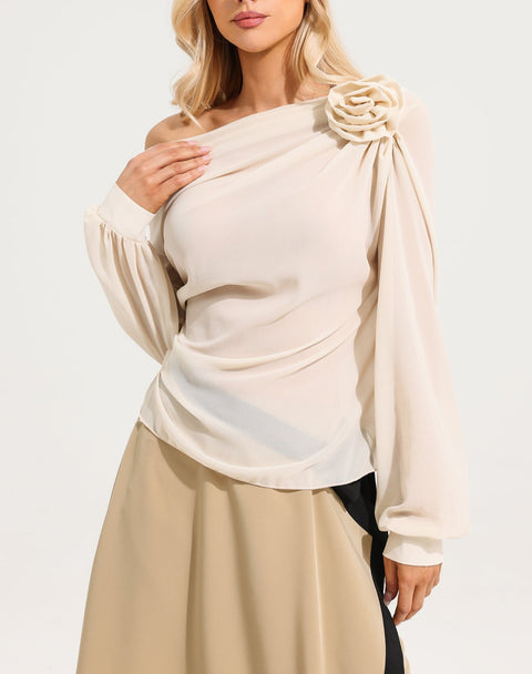 3D Flower One Shoulder Long Sleeve Top