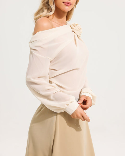 3D Flower One Shoulder Long Sleeve Top