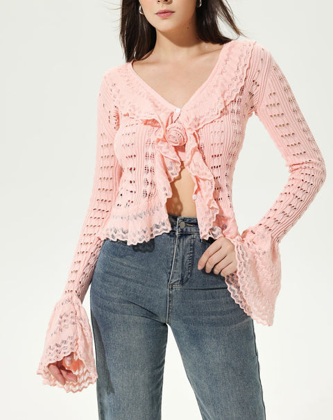 Long Sleeve V-Neck Flared Sleeve Frill Hem Knit Cardigan