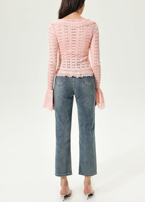Long Sleeve V-Neck Flared Sleeve Frill Hem Knit Cardigan
