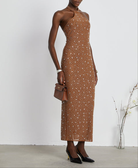 Désirée brown embellished halter neck bodycon maxi dress