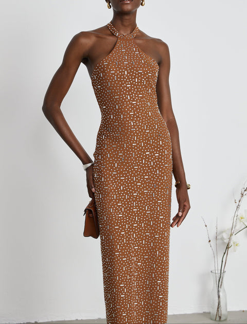 Désirée brown embellished halter neck bodycon maxi dress