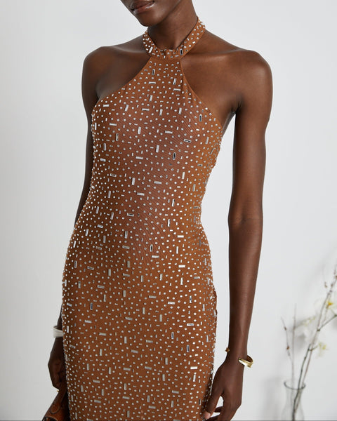 Désirée brown embellished halter neck bodycon maxi dress