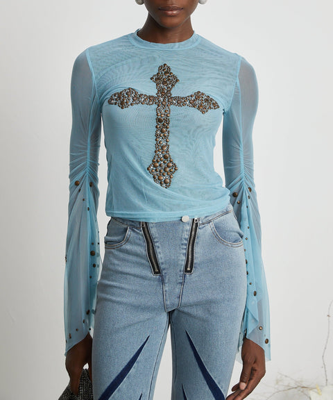 Émmanuelle semi-sheer stud-embellished top